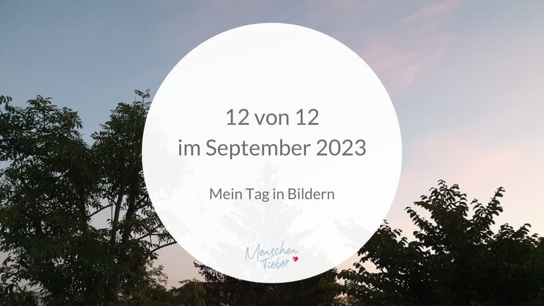 Baumkronen vor dem blau-rosa Morgenhimmel und die Aufschrift: 12 von 12 im September 2023 - mein Tag in Bildern