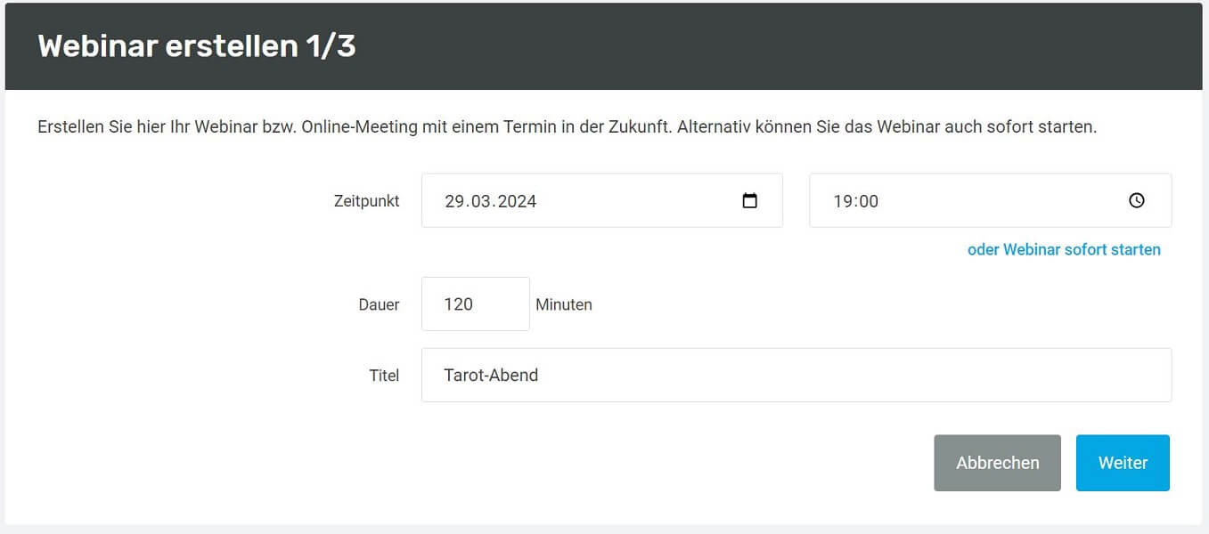 Screenshot vom Anlegen des Webinars für den Tarot-Abend zeigt Datum und Uhrzeit der Veranstaltung