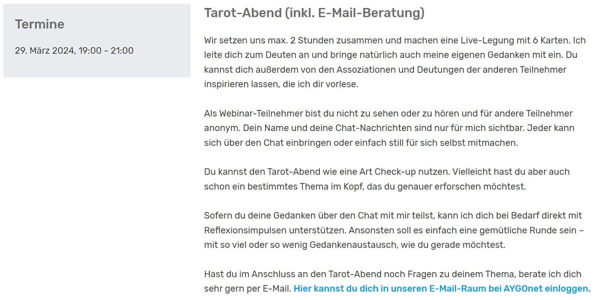 Screenshot vom angelegten Webinar für den Tarot-Abend zeigt Datum und Ablauf der Veranstaltung