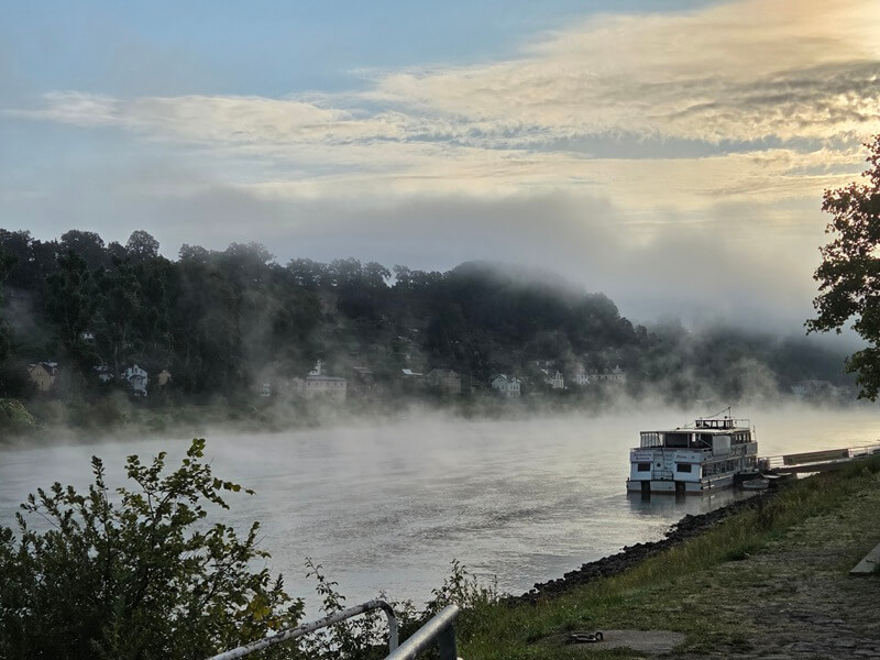 Achtsame Morgenrunde mit den Hunden. Der Herbst kündigt sich schon an: Flussnebel und kühle Temperaturen.