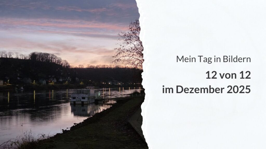 Geteiltes Bild: Links ein Schiff am Flussufer bei Sonnenaufgang. Rechts die Aufschrift: Mein Tag in Bildern – 12 von 12 im Dezember 2025