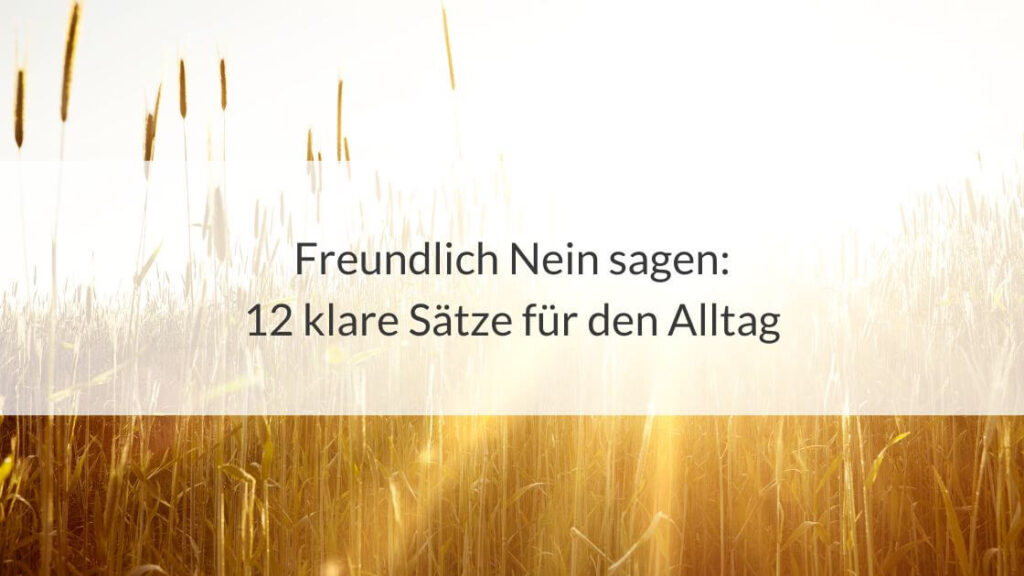 Morgensonne, die durch das Getreidefeld scheint und die Aufschrift: Freundlich Nein sagen – 12 klare Sätze für den Alltag