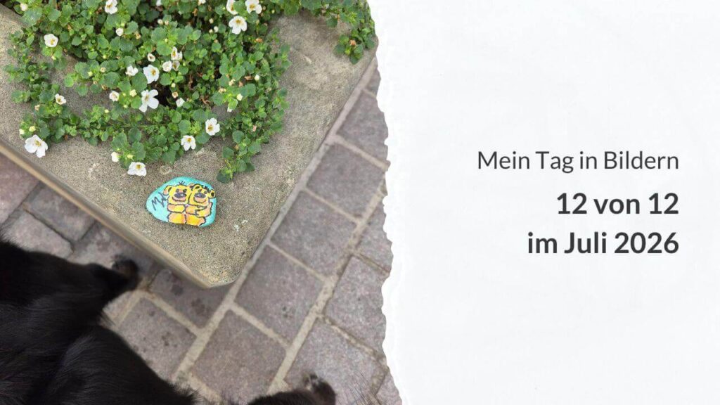 Geteiltes Bild: links ein bemalter Wanderstein, rechts die Aufschrift: Mein Tag in Bildern – 12 von 12 im Juli 2026